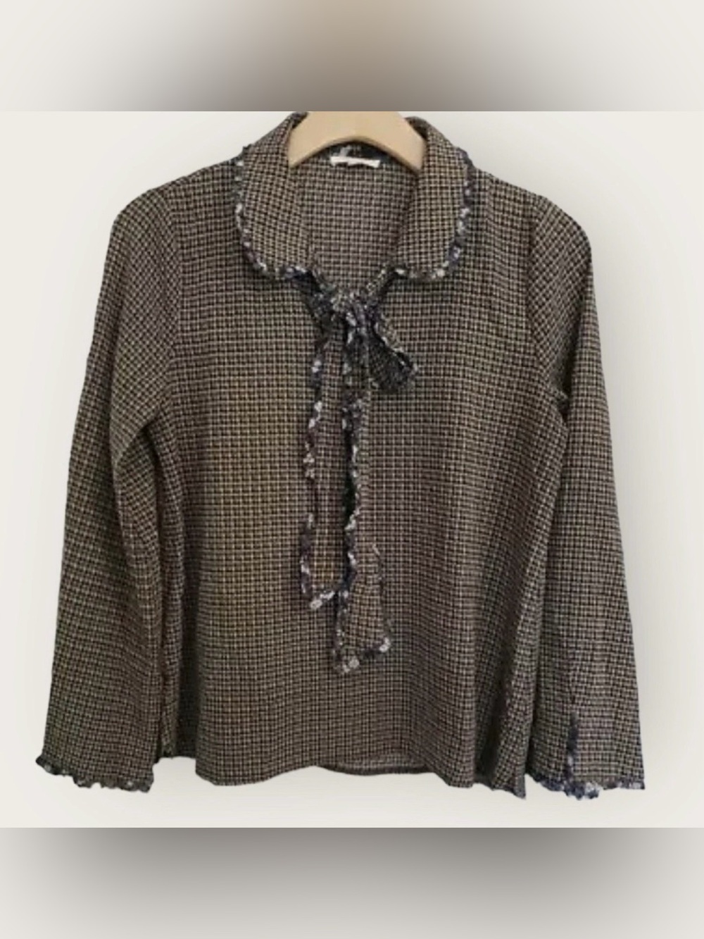 Mystree Brown Black Houndstooth Tie-Neck Long Sleeve Blouse